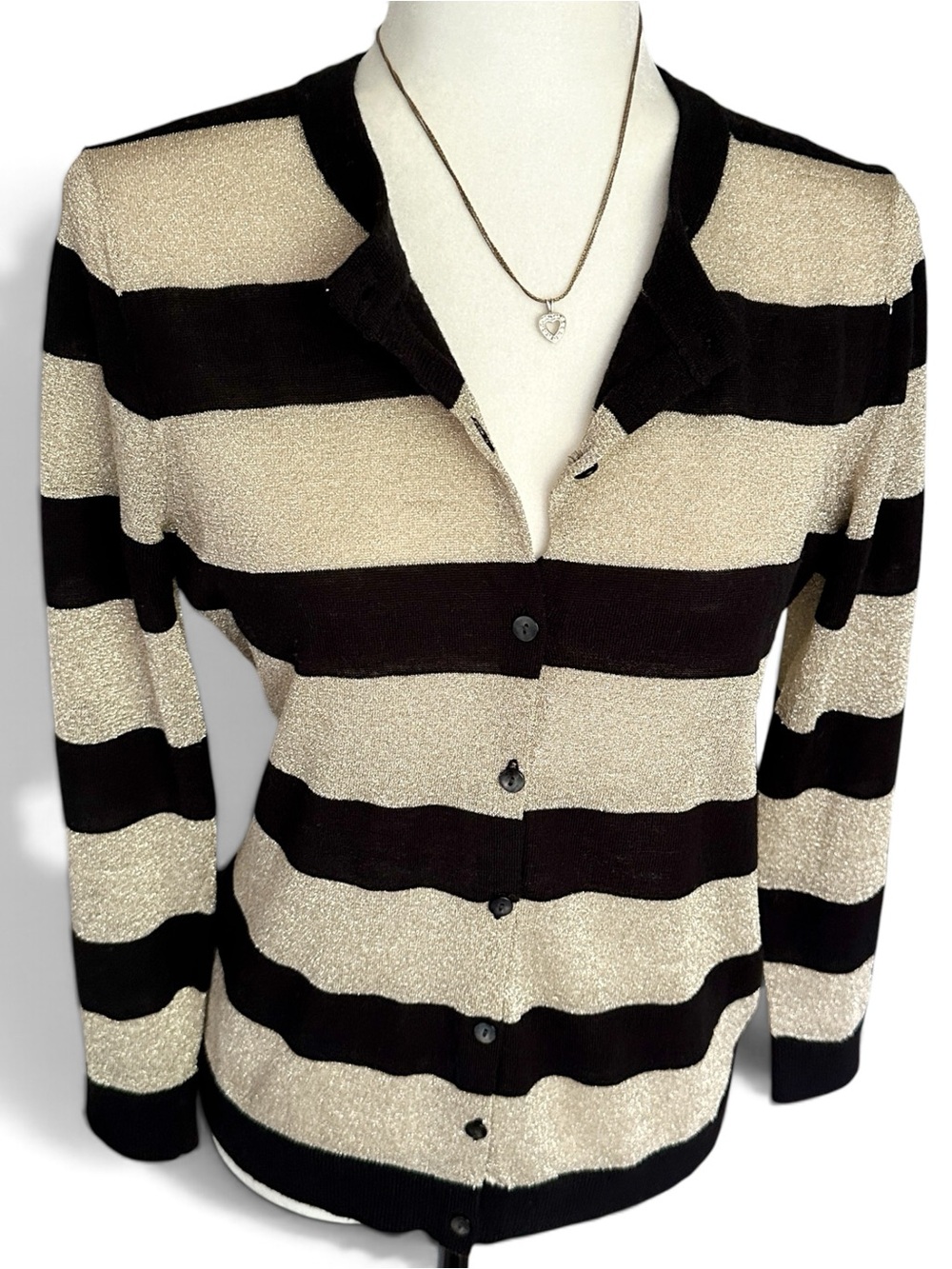 Ann Taylor Merino Wool Cardigan | Size M | Metallic Gold and Black Wool | Beauty